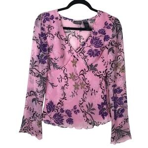 Vintage Fairy Core Semi-Sheer Babydoll Bell‎ Sleeve Blouse Size 10 Pink Cottage